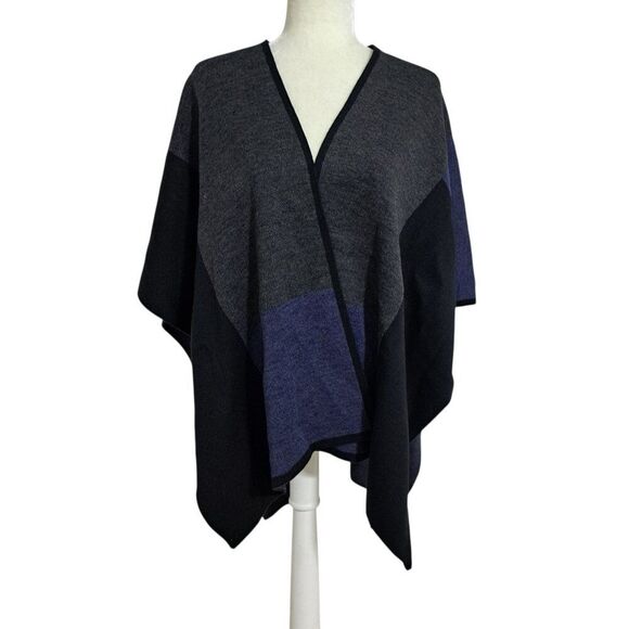 Lord & Taylor Women's Color Block Charcoal Blue Open Boho Office Knit Poncho OS - Picture 1 of 7